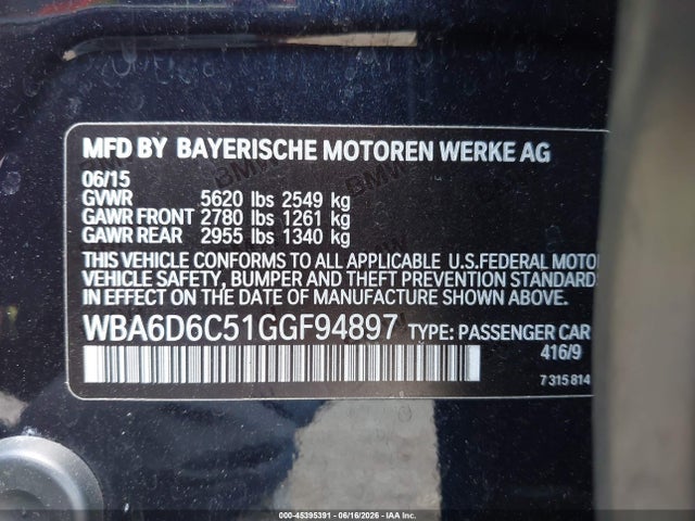 Aukcja sprzedaży 2016 Bmw 650i Gran Coupe Xdrive, vin: WBA6D6C51GGF94897, numer aukcji: 45395391