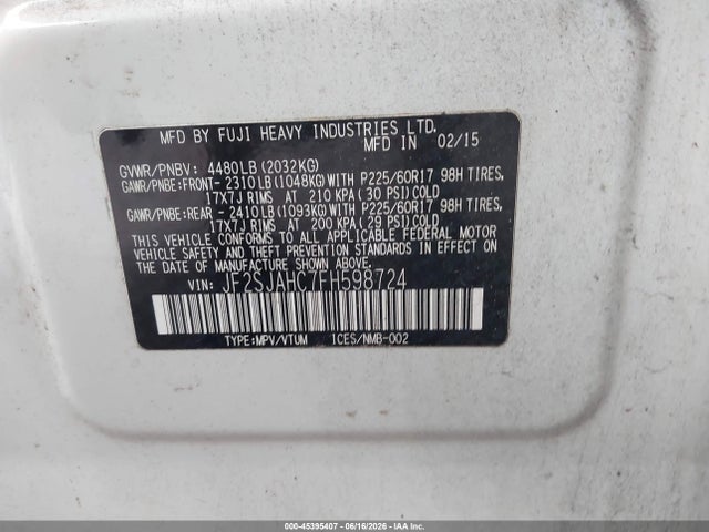 45395407 :رقم المزاد ، JF2SJAHC7FH598724 vin ، 2015 Subaru Forester 2.5i Limited مزاد بيع