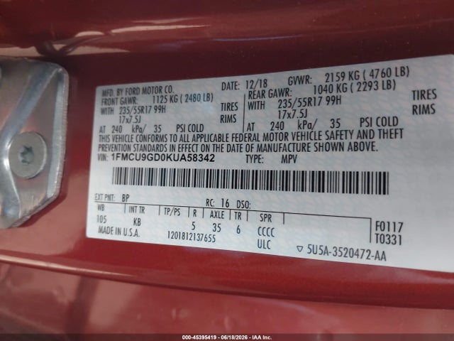 45395419 :رقم المزاد ، 1FMCU9GD0KUA58342 vin ، 2019 Ford Escape Se مزاد بيع
