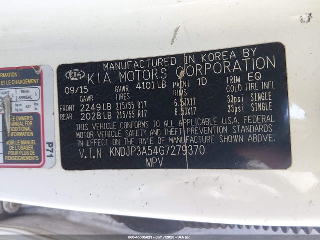 Aukcja sprzedaży 2016 Kia Soul +, vin: KNDJP3A54G7279370, numer aukcji: 45395421
