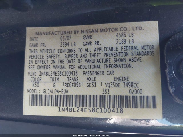 Продаж на аукціоні авто 2008 Nissan Altima 3.5 Se, vin: 1N4BL24E58C100418, номер лоту: 45395428