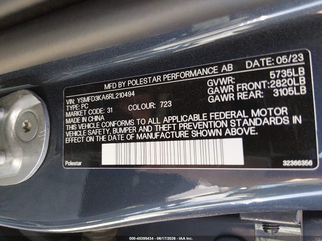 2024 Polestar 2 Long Range Dual Motor/long Range Dual Motor Plus მანქანა იყიდება აუქციონზე, vin: YSMFD3KA6RL210494, აუქციონის ნომერი: 45395434