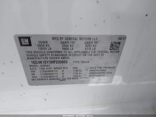 45395435 :رقم المزاد ، 1GC4K1EY3HF209869 vin ، 2017 Chevrolet Silverado 3500hd High Country مزاد بيع