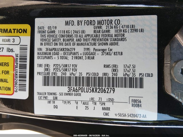 Ford Fusion Hybrid Se 2019 3FA6P0LU5KR206279 Image 9