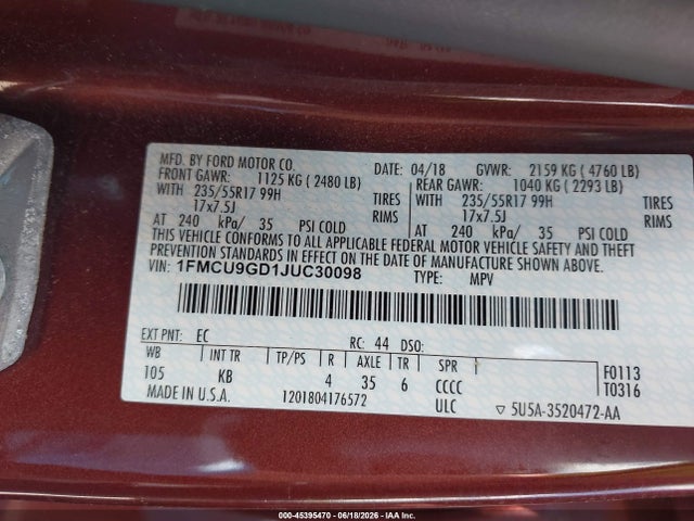 Aukcja sprzedaży 2018 Ford Escape Se, vin: 1FMCU9GD1JUC30098, numer aukcji: 45395470