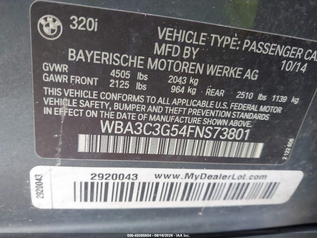 Aukcja sprzedaży 2015 Bmw 320i Xdrive, vin: WBA3C3G54FNS73801, numer aukcji: 45395504