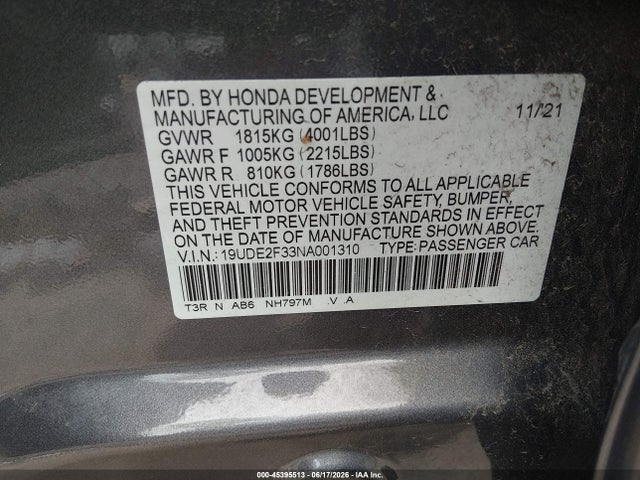 2022 Acura Ilx Standard მანქანა იყიდება აუქციონზე, vin: 19UDE2F33NA001310, აუქციონის ნომერი: 45395513