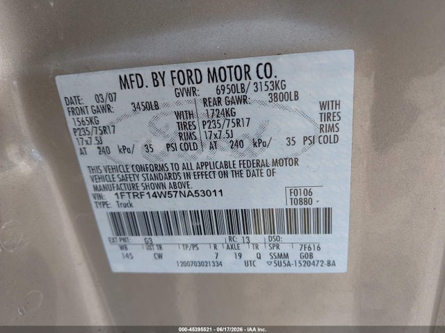 Aukcja sprzedaży 2007 Ford F-150 Stx/xl/xlt, vin: 1FTRF14W57NA53011, numer aukcji: 45395521
