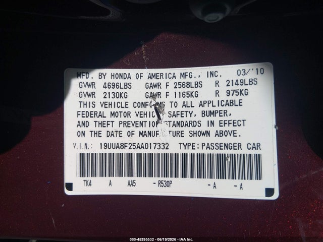 45395532 :رقم المزاد ، 19UUA8F25AA017332 vin ، 2010 Acura Tl 3.5 مزاد بيع