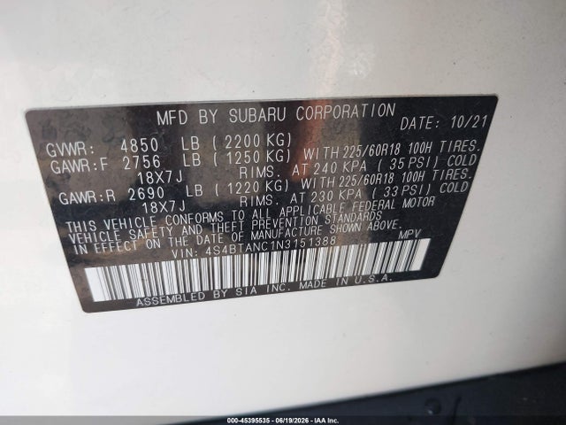 Продаж на аукціоні авто 2022 Subaru Outback Limited, vin: 4S4BTANC1N3151388, номер лоту: 45395535