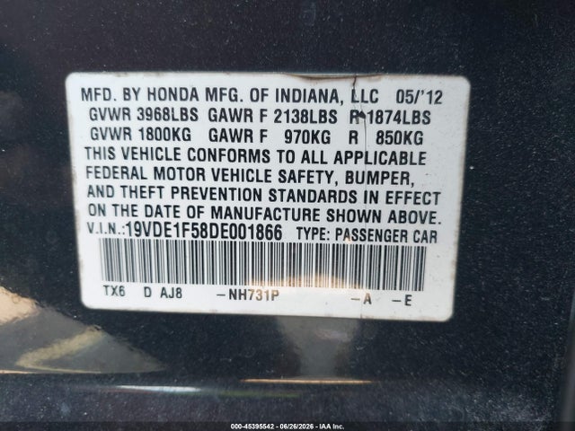 2013 Acura Ilx 2.0l მანქანა იყიდება აუქციონზე, vin: 19VDE1F58DE001866, აუქციონის ნომერი: 45395542