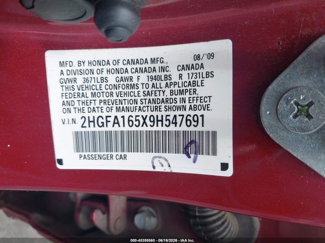 2009 Honda Civic Lx მანქანა იყიდება აუქციონზე, vin: 2HGFA165X9H547691, აუქციონის ნომერი: 45395560