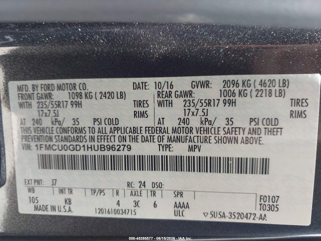 45395577 :رقم المزاد ، 1FMCU0GD1HUB96279 vin ، 2017 Ford Escape Se مزاد بيع