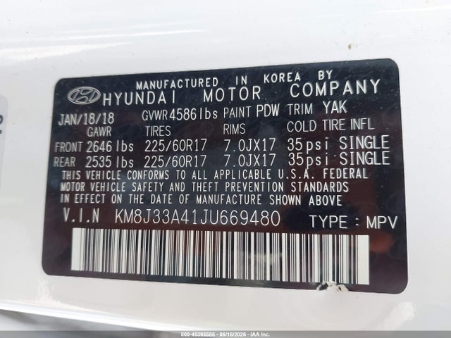 45395585 :رقم المزاد ، KM8J33A41JU669480 vin ، 2018 Hyundai Tucson Sel مزاد بيع