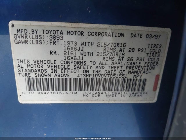 Aukcja sprzedaży 1997 Toyota Rav4, vin: JT3HP10V0V7051551, numer aukcji: 45395593