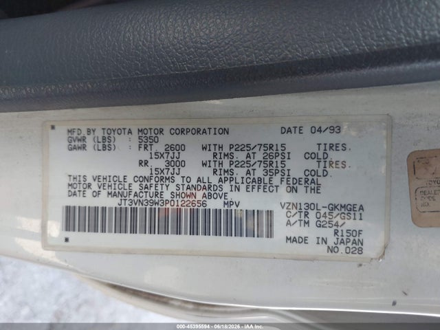 Aukcja sprzedaży 1993 Toyota 4runner Vn39 Sr5, vin: JT3VN39W3P0122656, numer aukcji: 45395594