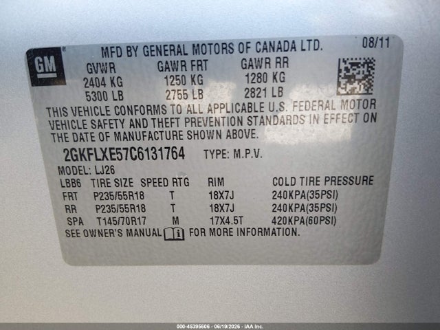 Aukcja sprzedaży 2012 Gmc Terrain Slt-2, vin: 2GKFLXE57C6131764, numer aukcji: 45395606