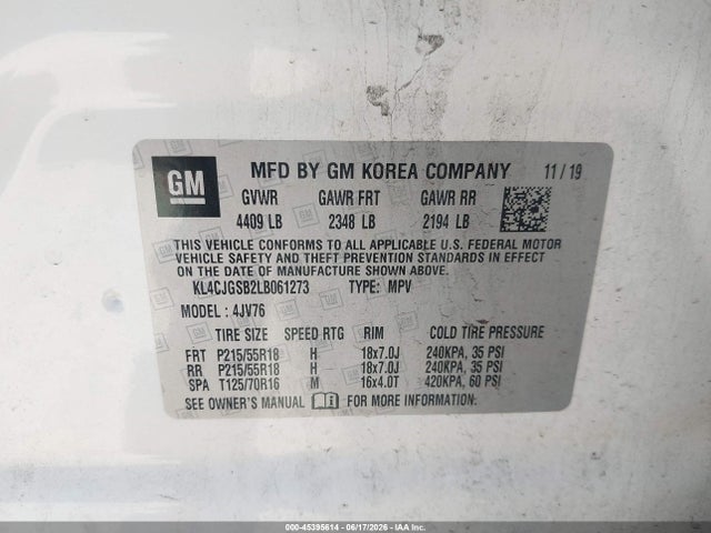 45395614 :رقم المزاد ، KL4CJGSB2LB061273 vin ، 2020 Buick Encore Awd Essence مزاد بيع