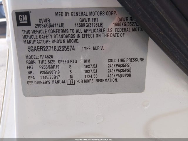 2008 Buick Enclave Cxl მანქანა იყიდება აუქციონზე, vin: 5GAER23718J255974, აუქციონის ნომერი: 45395625