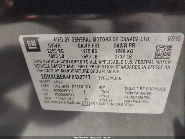 Продаж на аукціоні авто 2015 Chevrolet Equinox Lt, vin: 2GNALBEK4F6422717, номер лоту: 45395633