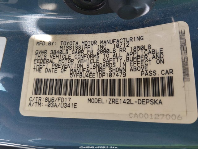 2013 Toyota Corolla S მანქანა იყიდება აუქციონზე, vin: 5YFBU4EE1DP107479, აუქციონის ნომერი: 45395636