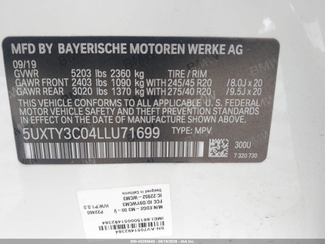 Aukcja sprzedaży 2020 Bmw X3 Sdrive30i, vin: 5UXTY3C04LLU71699, numer aukcji: 45395648