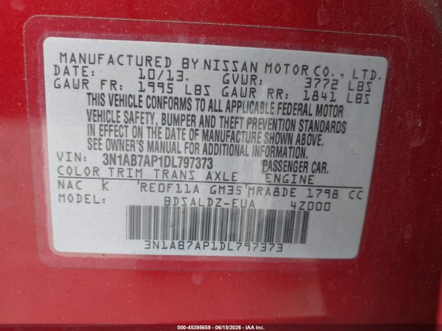 Продаж на аукціоні авто 2013 Nissan Sentra Sv, vin: 3N1AB7AP1DL797373, номер лоту: 45395659