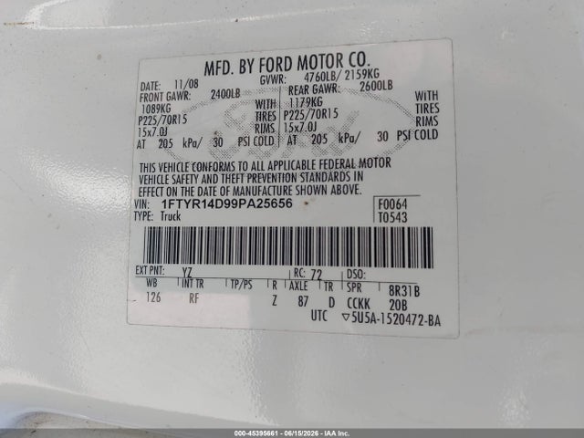 2009 Ford Ranger Xl/xlt მანქანა იყიდება აუქციონზე, vin: 1FTYR14D99PA25656, აუქციონის ნომერი: 45395661