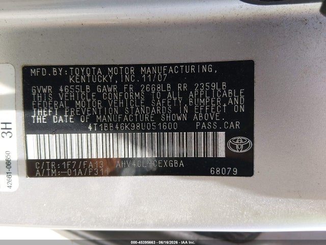 2008 Toyota Camry Hybrid მანქანა იყიდება აუქციონზე, vin: 4T1BB46K98U051600, აუქციონის ნომერი: 45395663