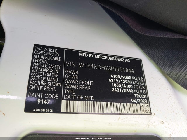 Aukcja sprzedaży 2023 Mercedes-benz Sprinter 2500 High Roof 4-cyl Diesel Ho, vin: W1Y4NDHY3PT151844, numer aukcji: 45395667
