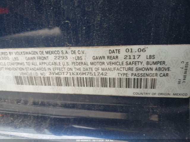2006 Volkswagen Jetta Tdi მანქანა იყიდება აუქციონზე, vin: 3VWDT71KX6M751742, აუქციონის ნომერი: 45395675