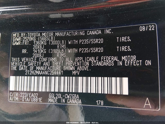 45395685 :رقم المزاد ، 2T2HZMAA4NC254441 vin ، 2022 Lexus Rx 350 مزاد بيع