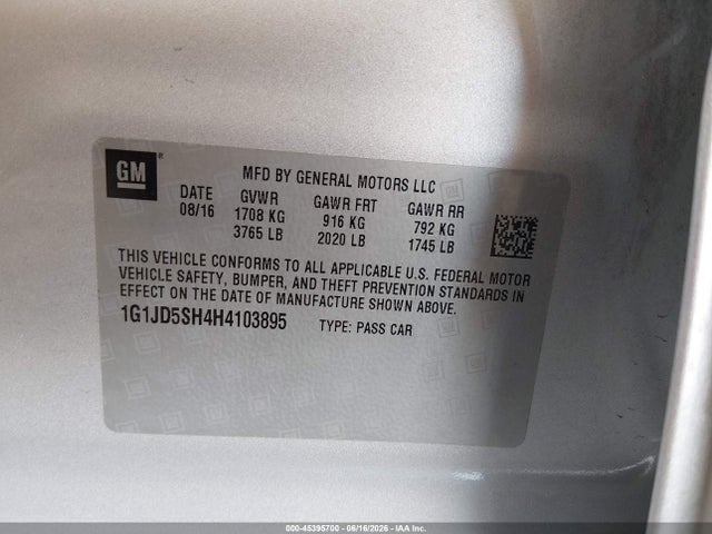 Chevrolet Sonic Lt Auto 2017 1G1JD5SH4H4103895 Image 9