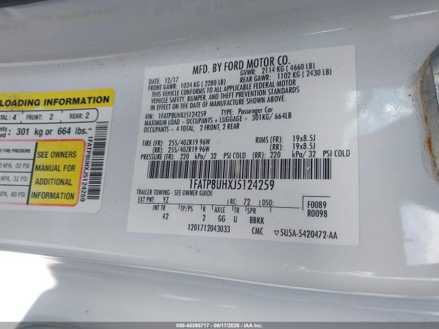 1FATP8UHXJ5124259 Ford Mustang Ecoboost Premium