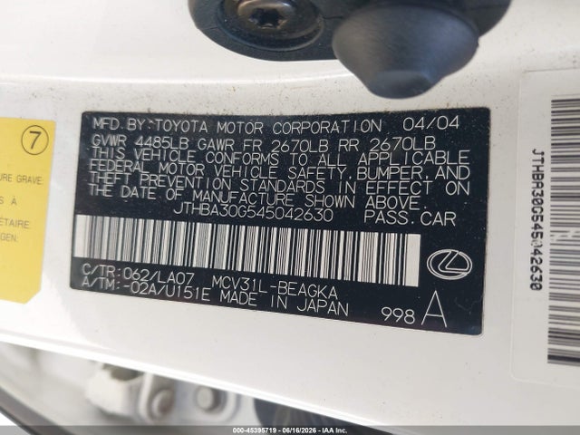 Продажа на аукционе авто 2004 Lexus Es 330, vin: JTHBA30G545042630, номер лота: 45395719