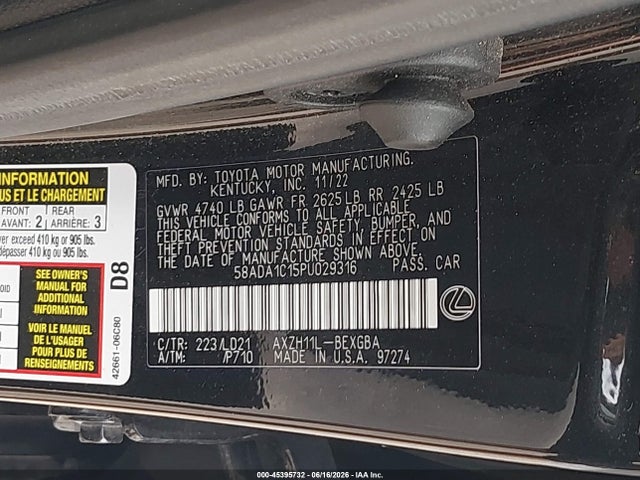Aukcja sprzedaży 2023 Lexus Es 300h, vin: 58ADA1C15PU029316, numer aukcji: 45395732