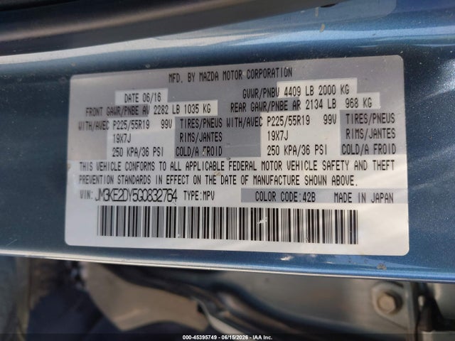 45395749 :رقم المزاد ، JM3KE2DY5G0832764 vin ، 2016 Mazda Cx-5 Grand Touring مزاد بيع