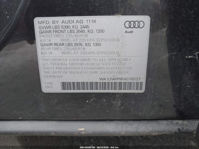 45395769 :رقم المزاد ، WA1LFAFP9FA078537 vin ، 2015 Audi Q5 2.0t Premium مزاد بيع