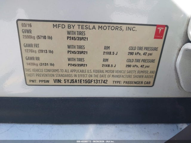 45395772 :رقم المزاد ، 5YJSA1E15GF131742 vin ، 2016 Tesla Model S 60/70/75/85 مزاد بيع