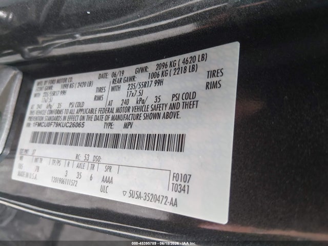 1FMCU0F79KUC26065 Ford ESCAPE S
