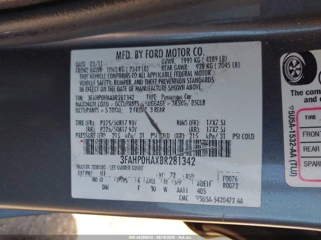 45395810 :رقم المزاد ، 3FAHP0HAXBR281342 vin ، 2011 Ford Fusion Se مزاد بيع