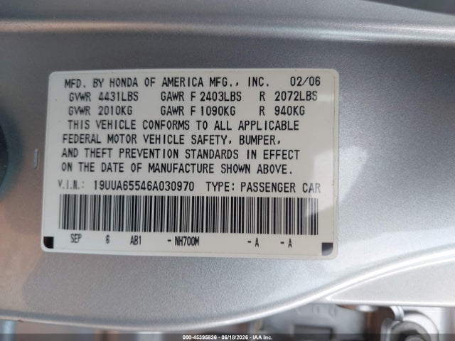 45395836 :رقم المزاد ، 19UUA65546A030970 vin ، 2006 Acura Tl مزاد بيع