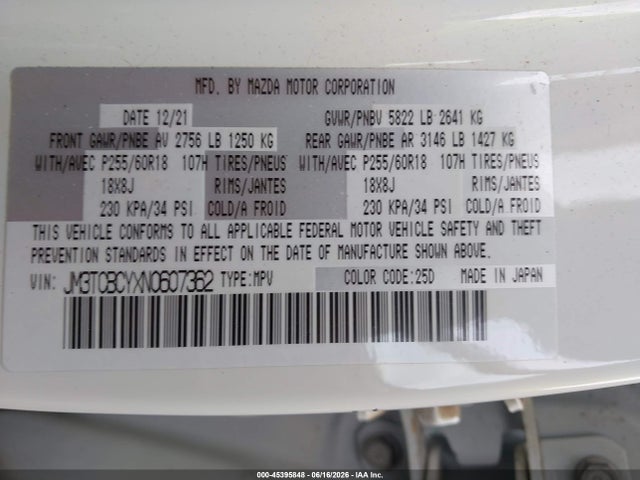 45395848 :رقم المزاد ، JM3TCBCYXN0607362 vin ، 2022 Mazda Cx-9 Touring مزاد بيع