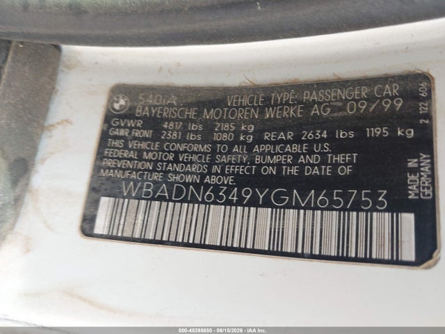 Aukcja sprzedaży 2000 Bmw 540ia, vin: WBADN6349YGM65753, numer aukcji: 45395850