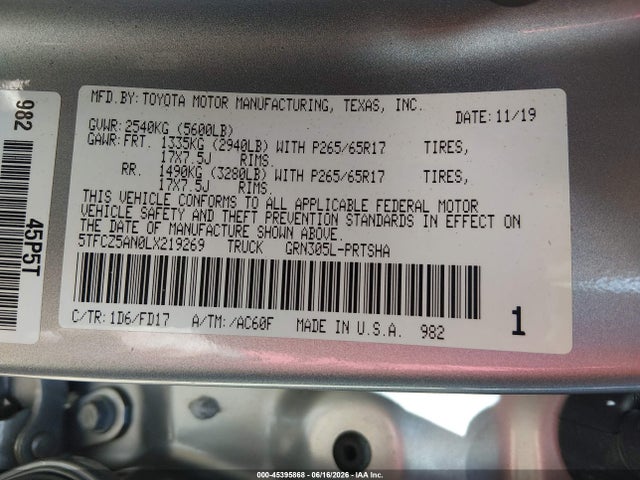 Продажа на аукционе авто 2020 Toyota Tacoma Trd Sport, vin: 5TFCZ5AN0LX219269, номер лота: 45395868