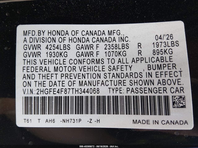 2HGFE4F87TH344068 Honda Civic Hybrid Sport/sport Touring