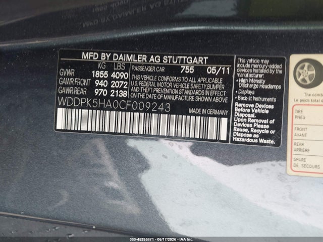 45395871 :رقم المزاد ، WDDPK5HA0CF009243 vin ، 2012 Mercedes-benz Slk 350 مزاد بيع
