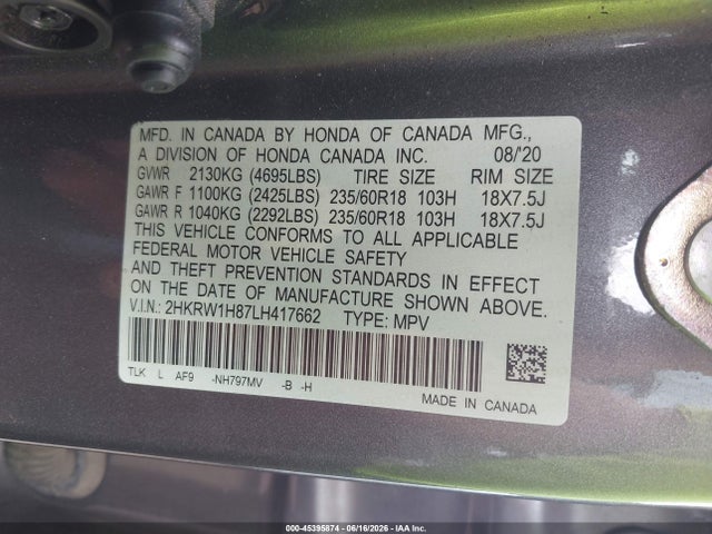 2HKRW1H87LH417662 Honda Cr-v 2wd Ex-l