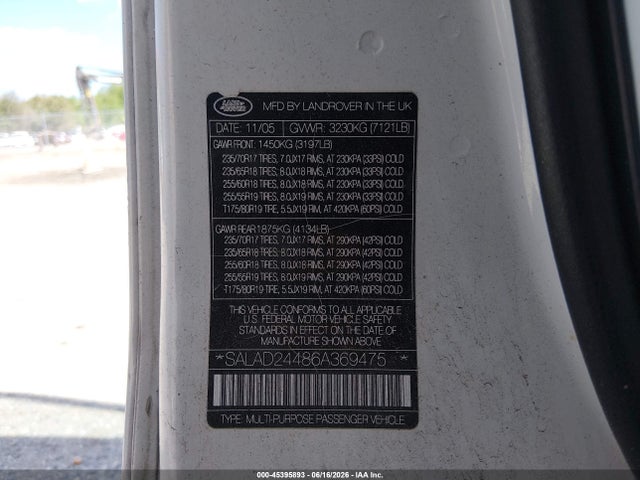 45395893 :رقم المزاد ، SALAD24486A369475 vin ، 2006 Land Rover Lr3 V6 مزاد بيع
