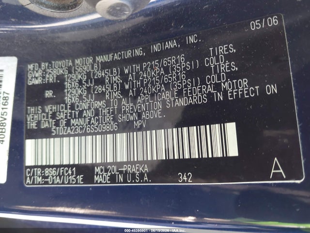 Aukcja sprzedaży 2006 Toyota Sienna Le, vin: 5TDZA23C76S509806, numer aukcji: 45395901